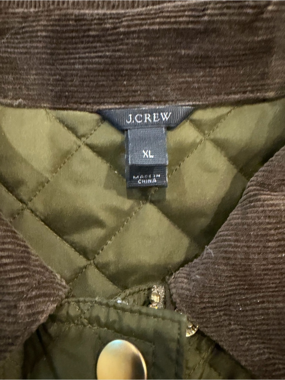 J. Crew Olive Green Quilted Barn Puffer with Brown Corduroy Collar - Picture 2 of 2